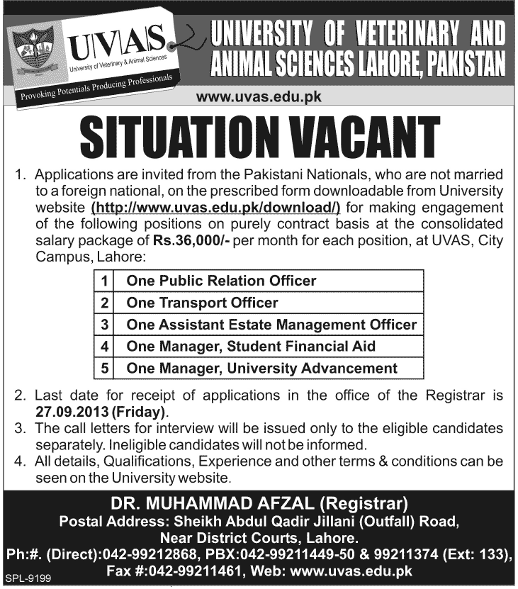 Managers Jobs & Other in University of Veterinary & Animal Sciences Lahore
