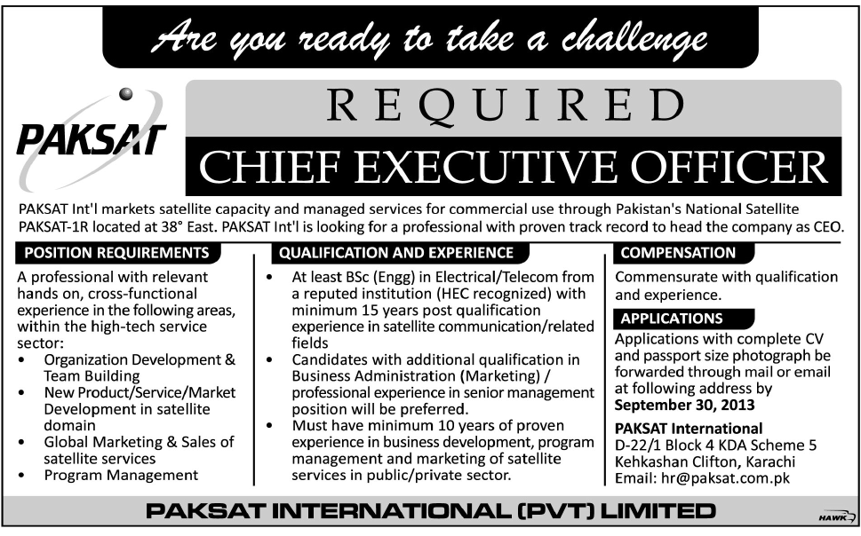 Paksat Int Pvt Ltd Jobs for Chief Executive Officer Karachi