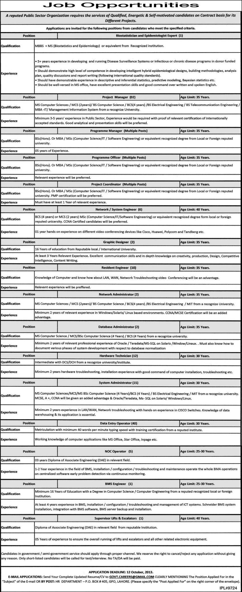 Project Manager & Coordinator Jobs in Public Sector Organization Lahore