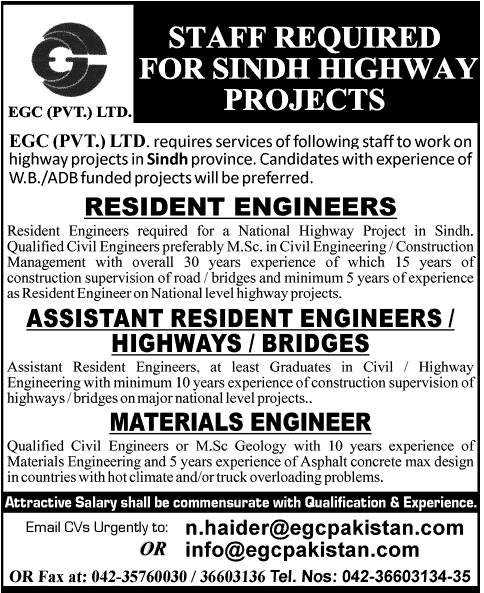 Resident & Material Engineers Jobs in Sindh High Way Projects