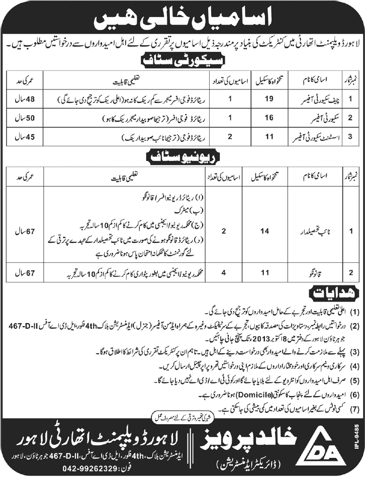 Revenue and Security Jobs in Lahore Development Authority
