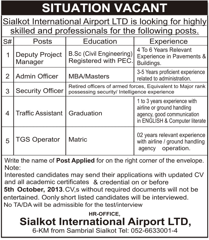 Sialkot International Airport Ltd Jobs for Deputy Project Manager