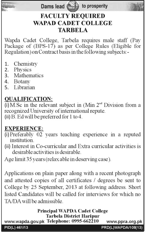 Teacher Jobs in Wapda Cadet College, Tarbela