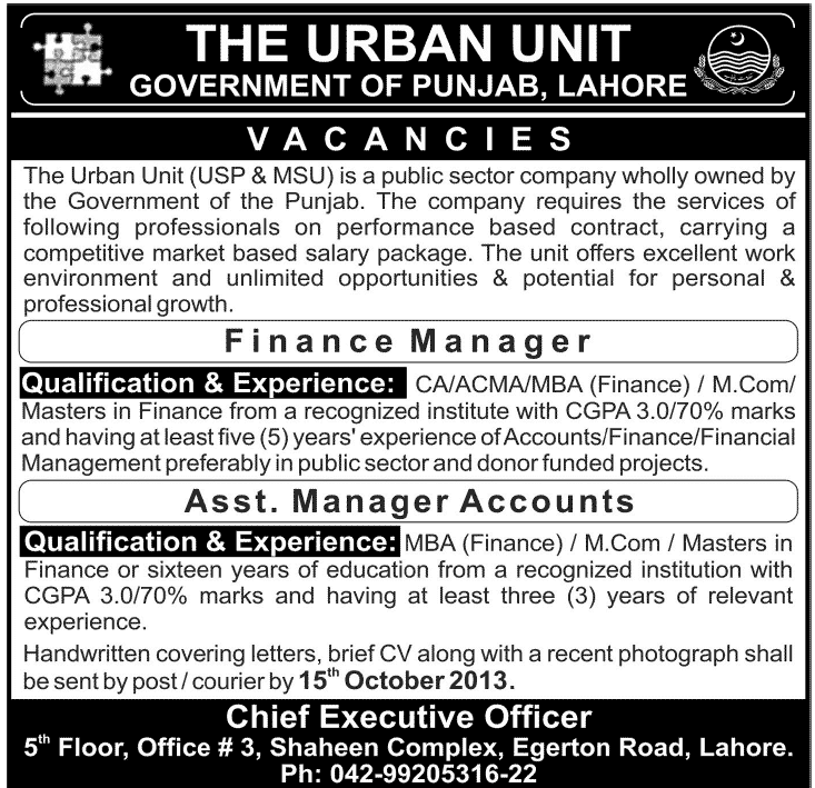 The Urban Unit Government of Punjab Lahore Jobs for Finance Manager