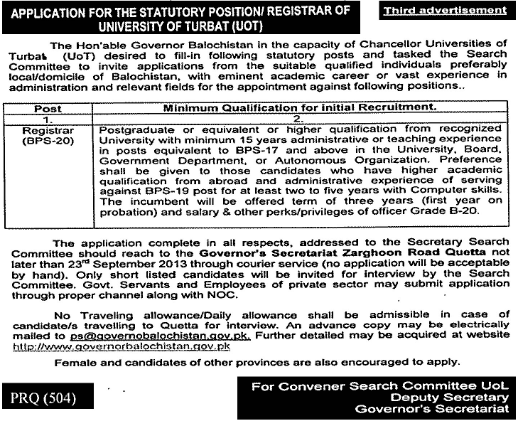 University of Turbat Jobs for Registrar