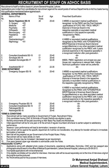 General Hospital Jobs for Senior Registrars,Consultant in Lahore