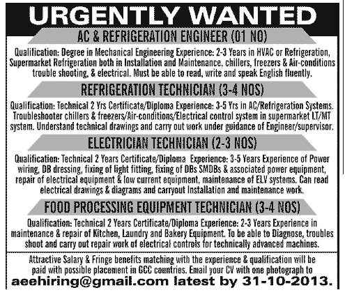 AC & Refrigeration Engineer & Electrician Technician Jobs in Pakistan