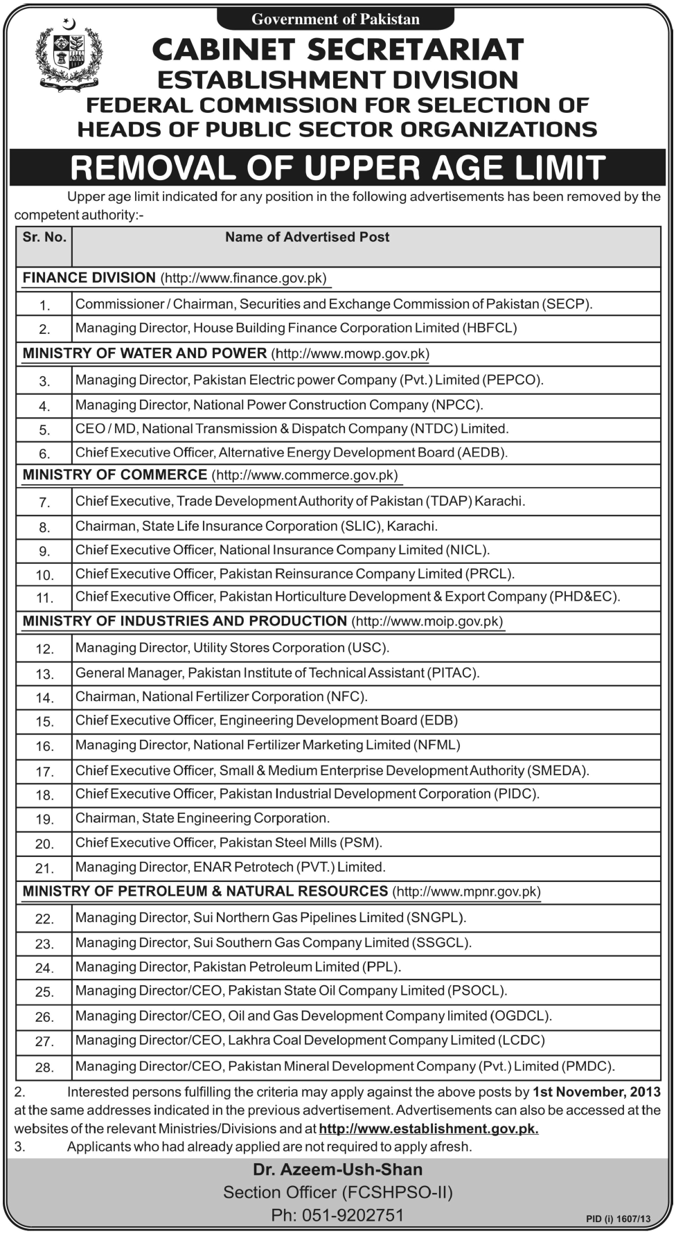 Cabinet Secretariat Government of Pakistan Islamabad Jobs Required