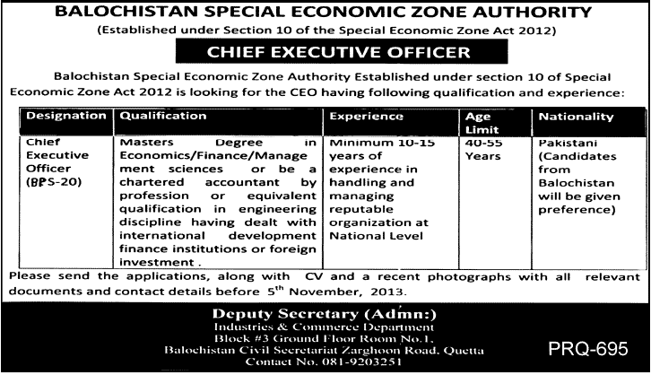 Chief Executive Officer Jobs in Economic Zone Authority Quetta