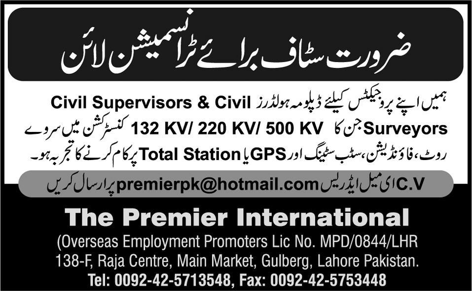 Civil Supervisor Jobs in Transmission Line Lahore