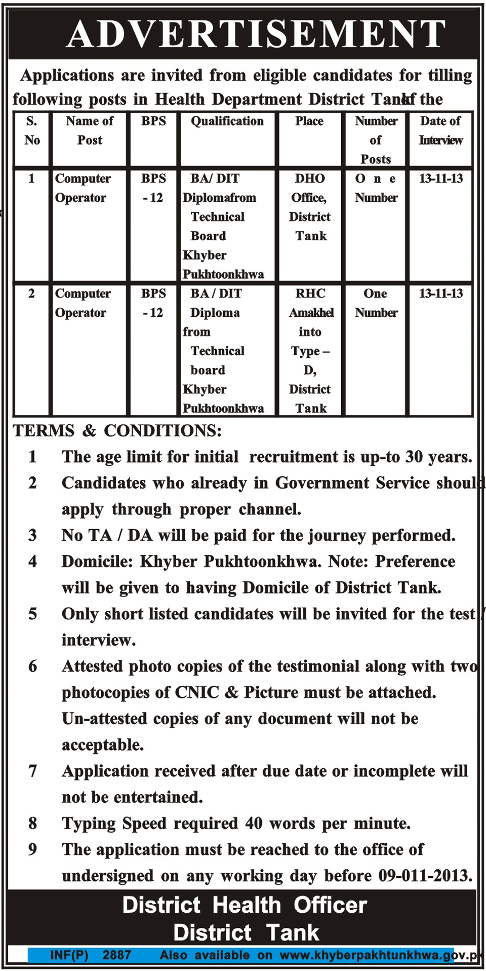 Computer Operator Jobs in Health Department District Tank