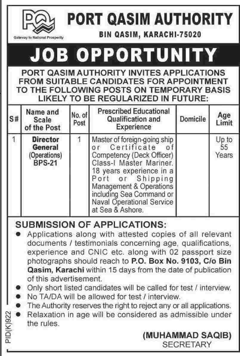 Director General Jobs in Port Qasim Authority Karachi