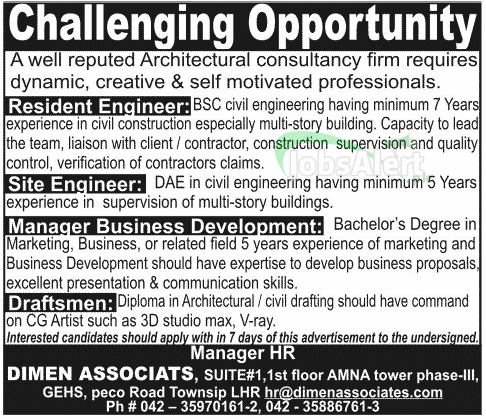 Engineer & Business Manager Jobs in Dimen Associates Lahore