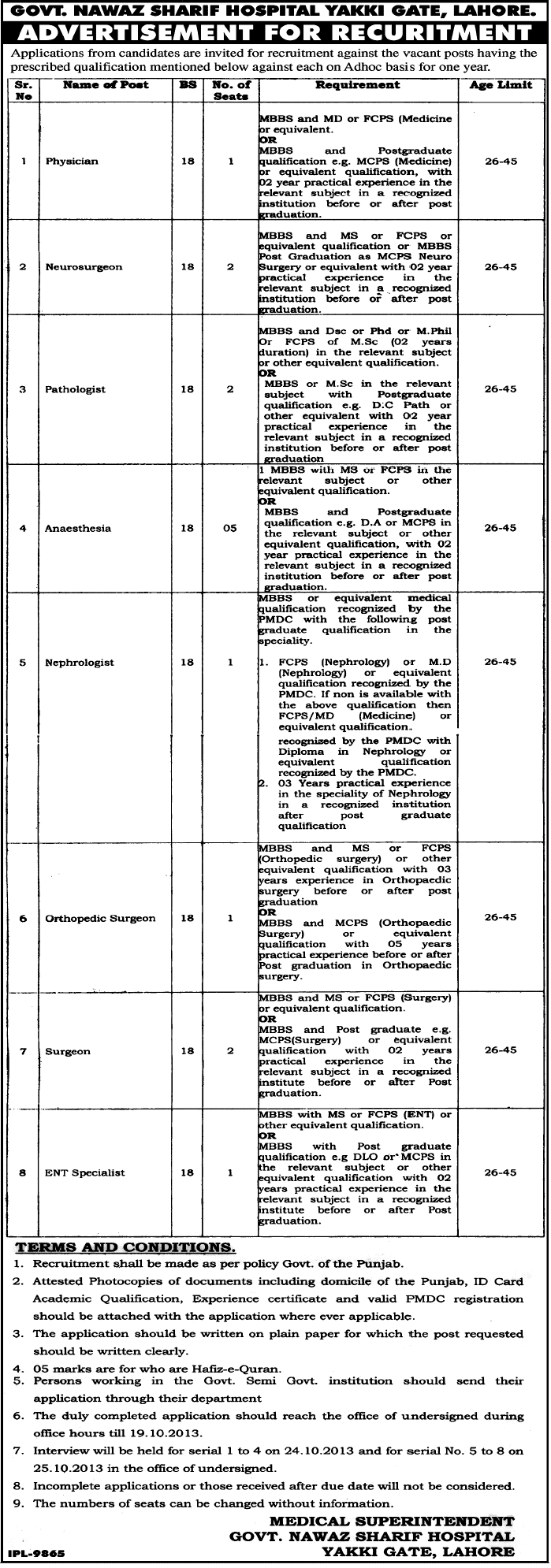 Government Nawaz Sharif Hospital Lahore Jobs for Physician