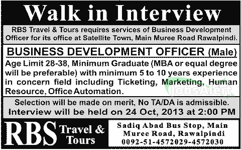 Jobs for Business Developement Officer in RBS Travel Rawalpindi