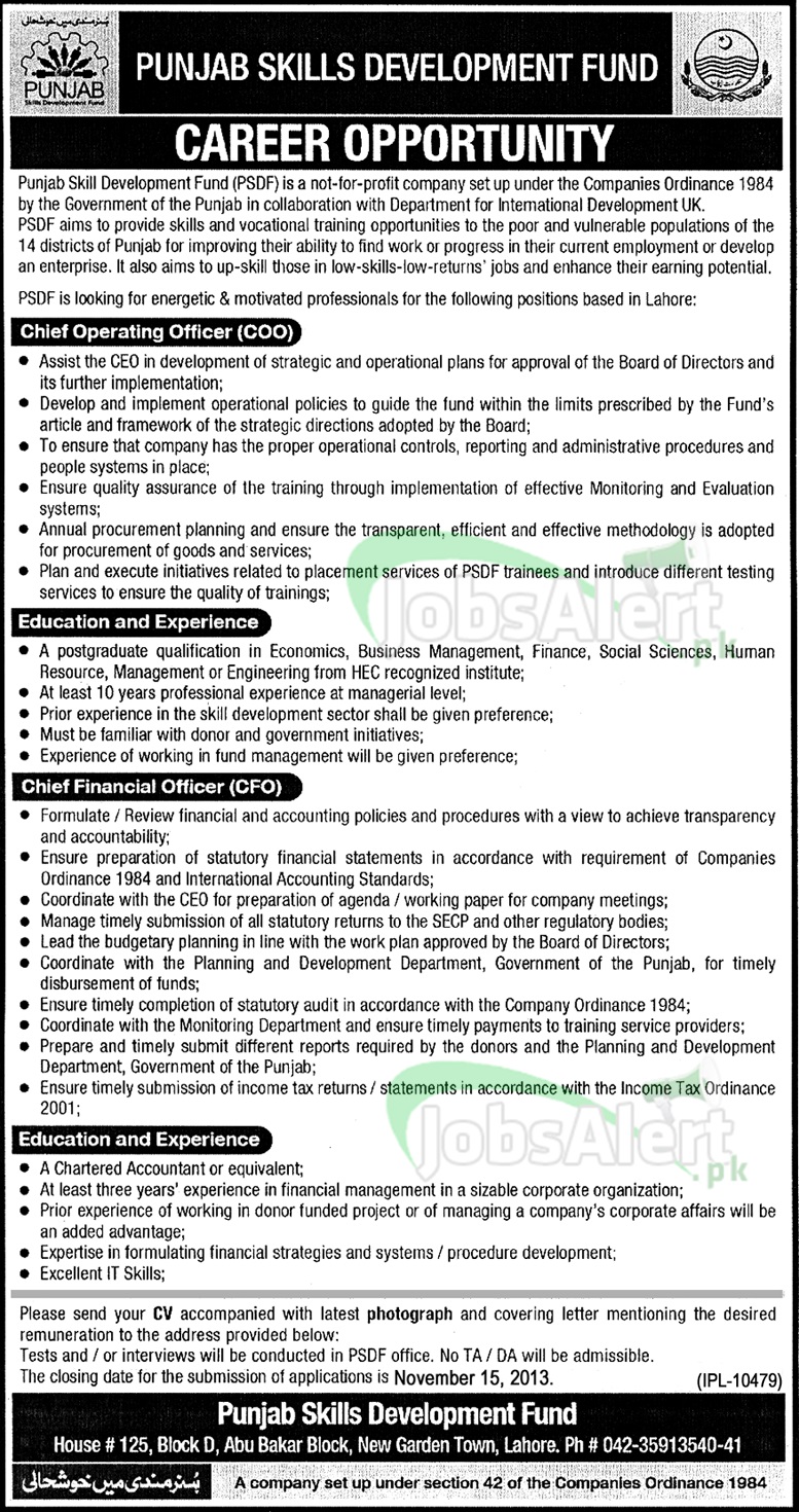 Jobs for CFO in Punjab Skills Development Fund, Lahore