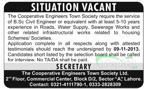 Jobs for Civil Engineer in Cooperative Engineers Town Lahore