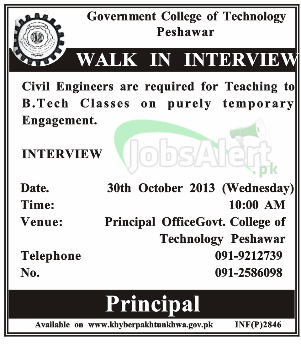 Jobs for Civil Engineer in Goverment of Technology Peshawar