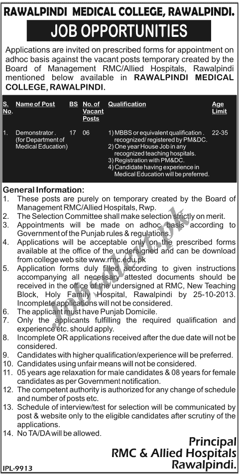 Jobs for Demonstrator in Rawalpindi Medical College