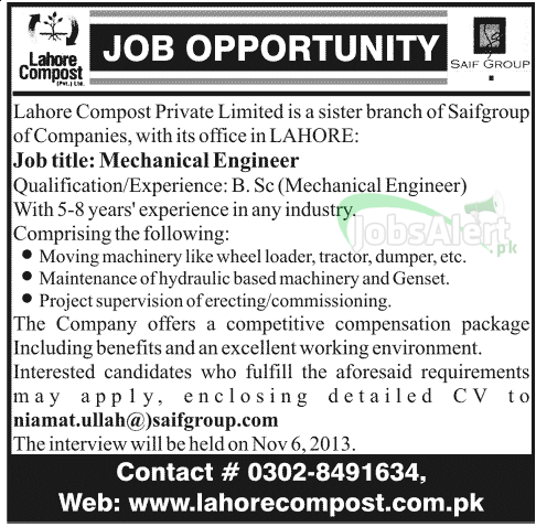 Jobs for Mechanical Engineer in Lahore Compost Pvt Ltd