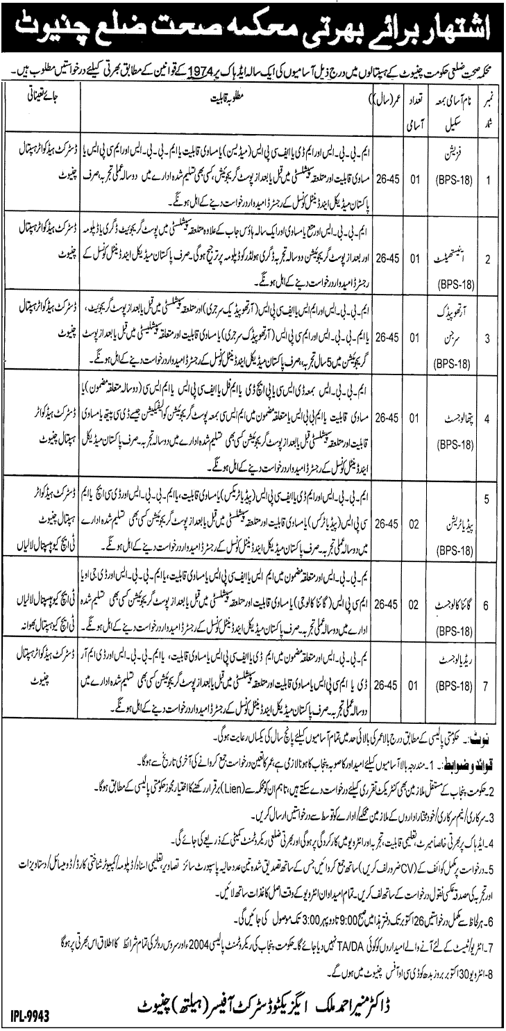 Jobs for Physician & Orthopedic in Health Department Govt of Chiniot