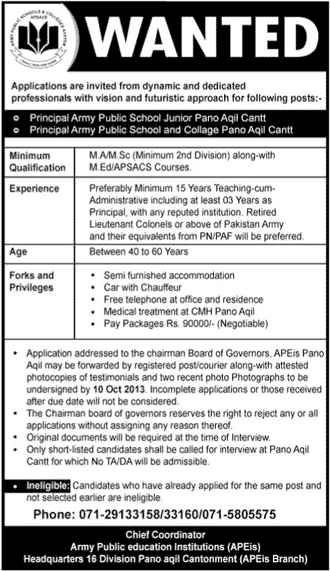 Jobs for Principal in Army Public School & College Pano Aqil