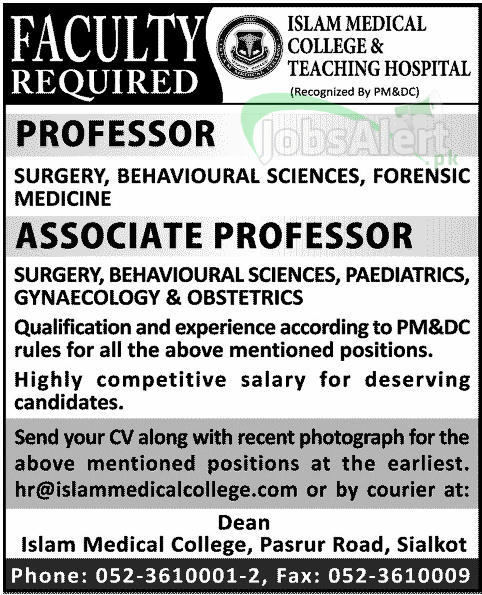 Jobs for Professor in Islam Medical College & Teaching Hospital Sialkot