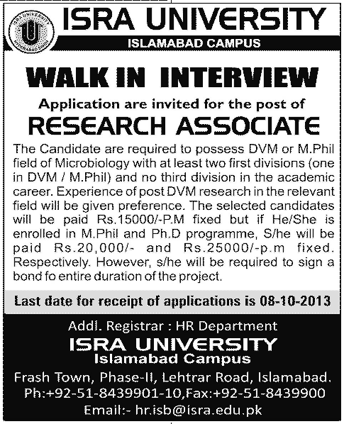 Jobs for Research Associate in ISRA University Islamabad
