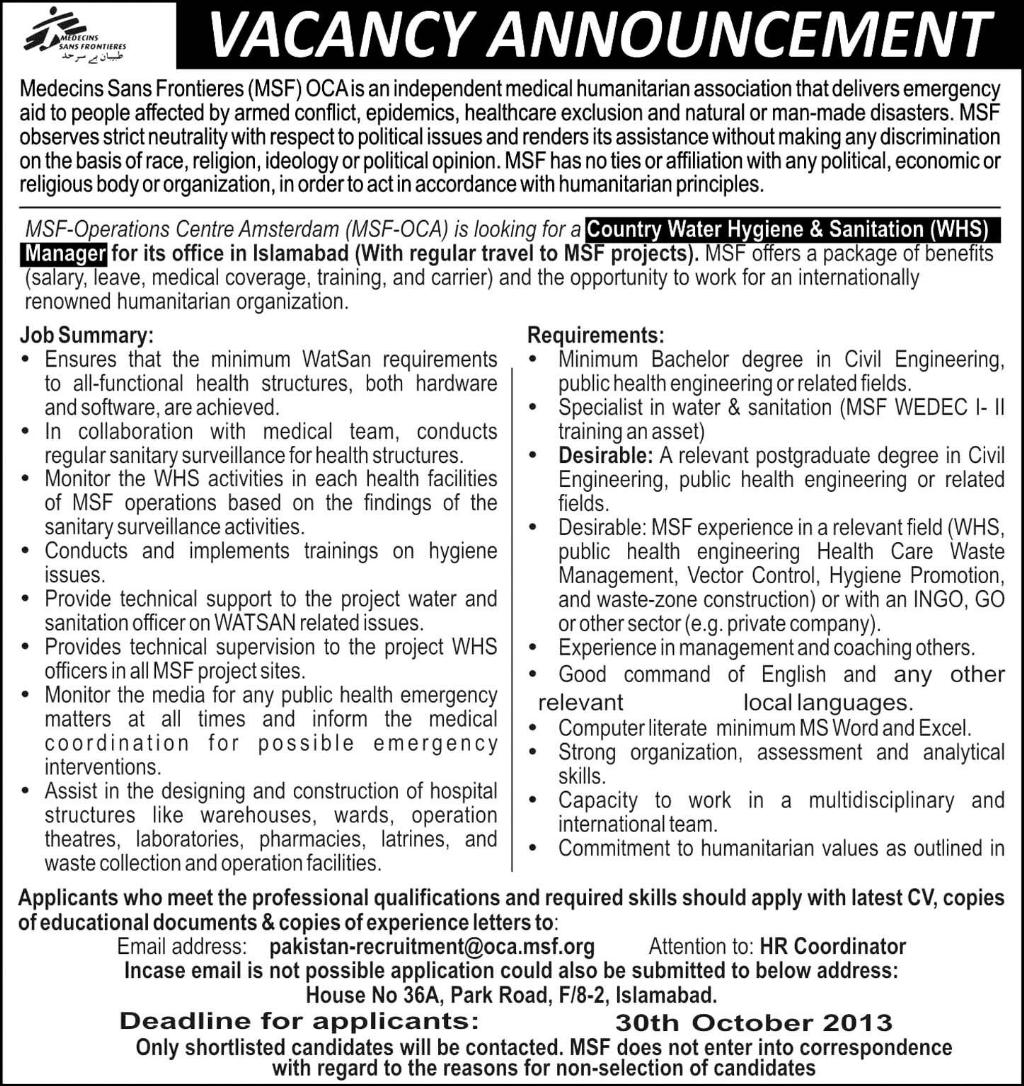 Jobs for Sanitation Manager in Medicins Sans Frontieres Islamabad