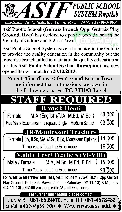 Jobs for Teacher in Asif Public School System Rawalpindi
