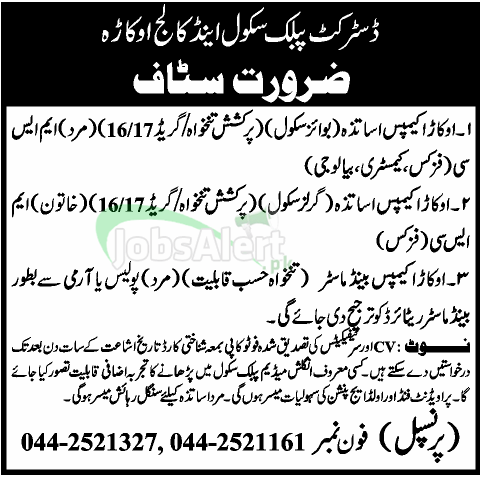 Jobs for Teacher in District Public School Okara