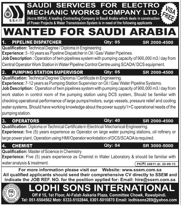 Jobs in Saudi Arabia for Pipeline Dispatcher, Operator & Chemist