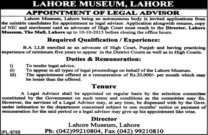 Lahore Museum Jobs for Legal Adviser