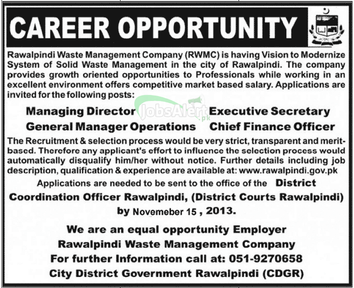 Managing Director & CFO Jobs in Rawalpindi Wasts Management Company