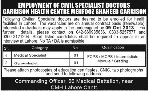 Medical Specialist & Gynecologist Jobs in Garrison Health Centre Lahore