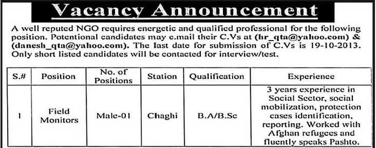 NGO Jobs for Field Monitors in Quetta