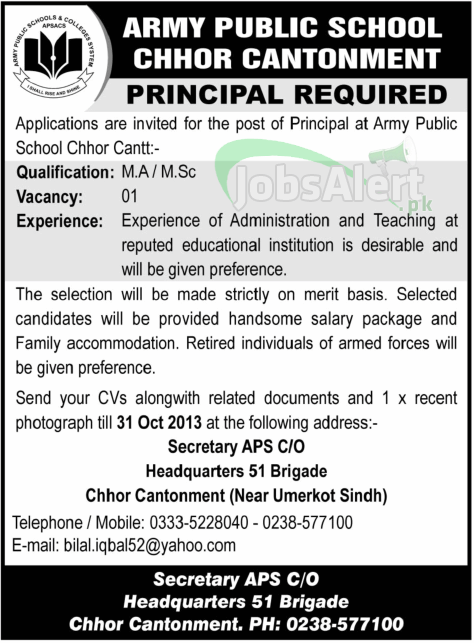 Principal Jobs in Army Public School Sindh