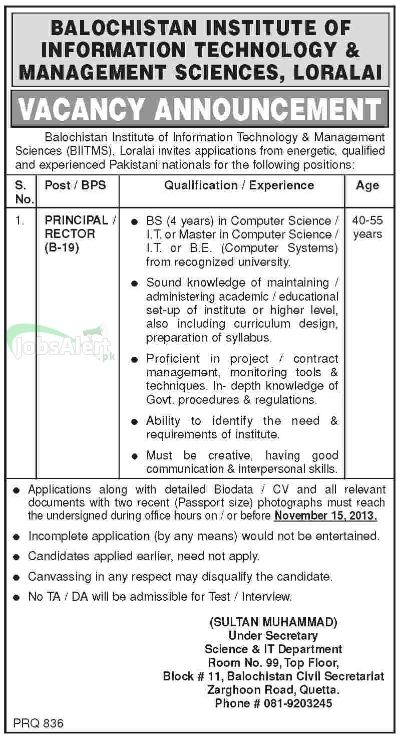 Principal Jobs in Balochistan Institute of Information Technology