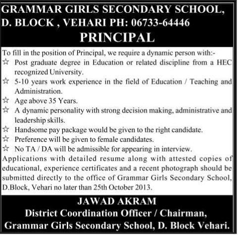 Principal Jobs in Grammar Girls School, Multan