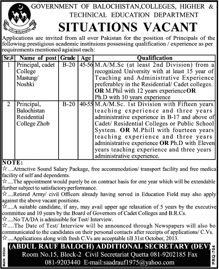 Principal Jobs in Technical Education Department Govt of Balochistan