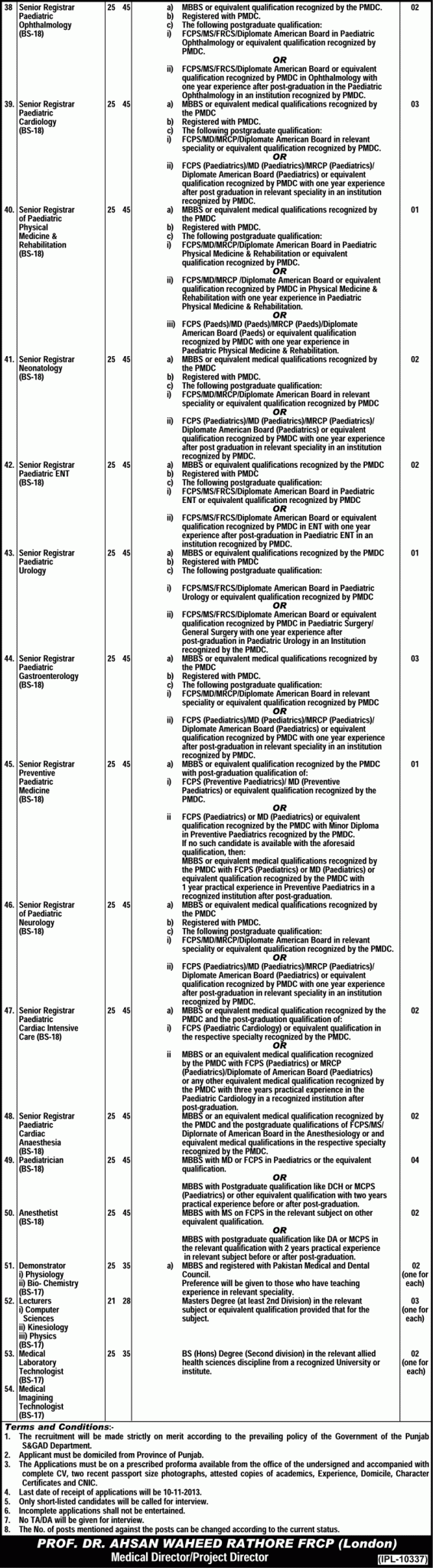 Professor & Senior Registrar Jobs in Children Hospital Lahore 