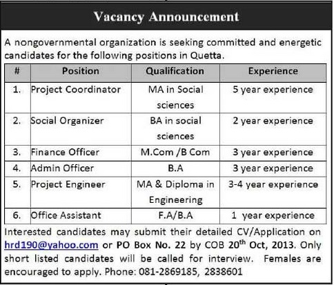 Project Coordinator & Finance officer Jobs in NGO, Quetta