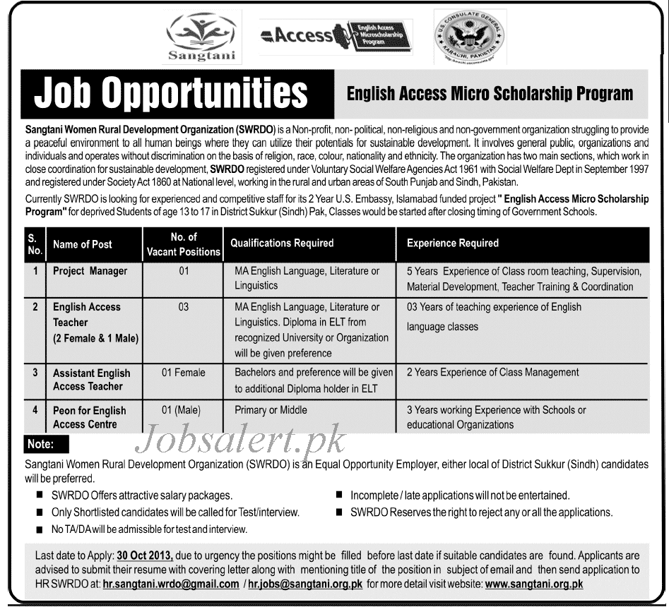 Project Manager & English Teacher Jobs in SWRDO Sindh