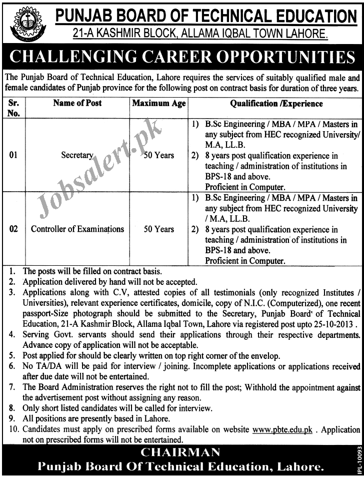 Punjab Board of Technical Education Lahore Jobs for Secretary