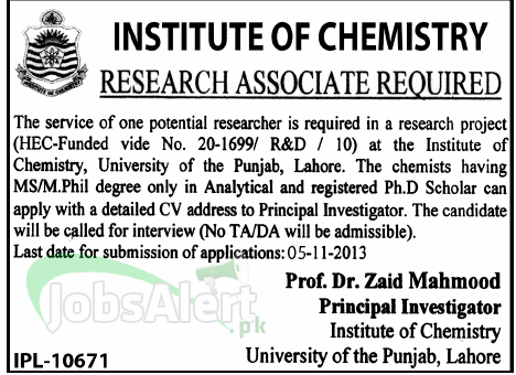 Research Associate Jobs in Punjab University Lahore