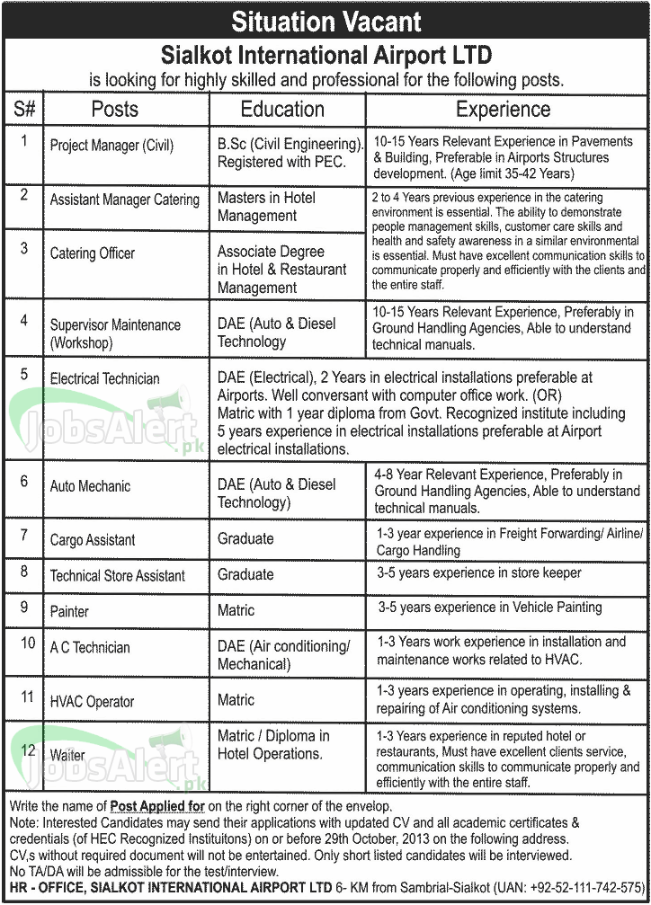 Sailkot International Airport Ltd Jobs Required