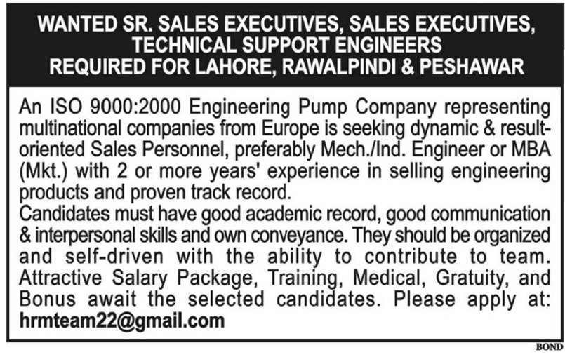 Sales Executive & Technician Engineer Jobs in Lahore