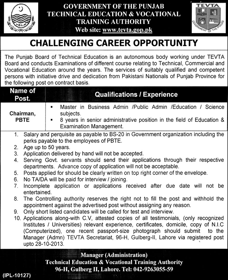 TEVTA Lahore Jobs for Chairman PBTE