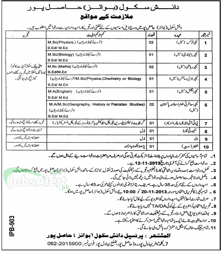 Teachers Jobs in Danish School Hasilpur Bahawalpur