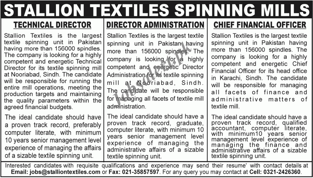 Technical Director Jobs in Stallion Textiles Spinning Mills Karachi